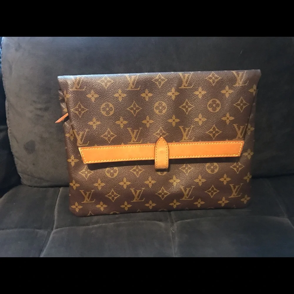 Louis Vuitton Brown Monogram Clutch with Tan Strap